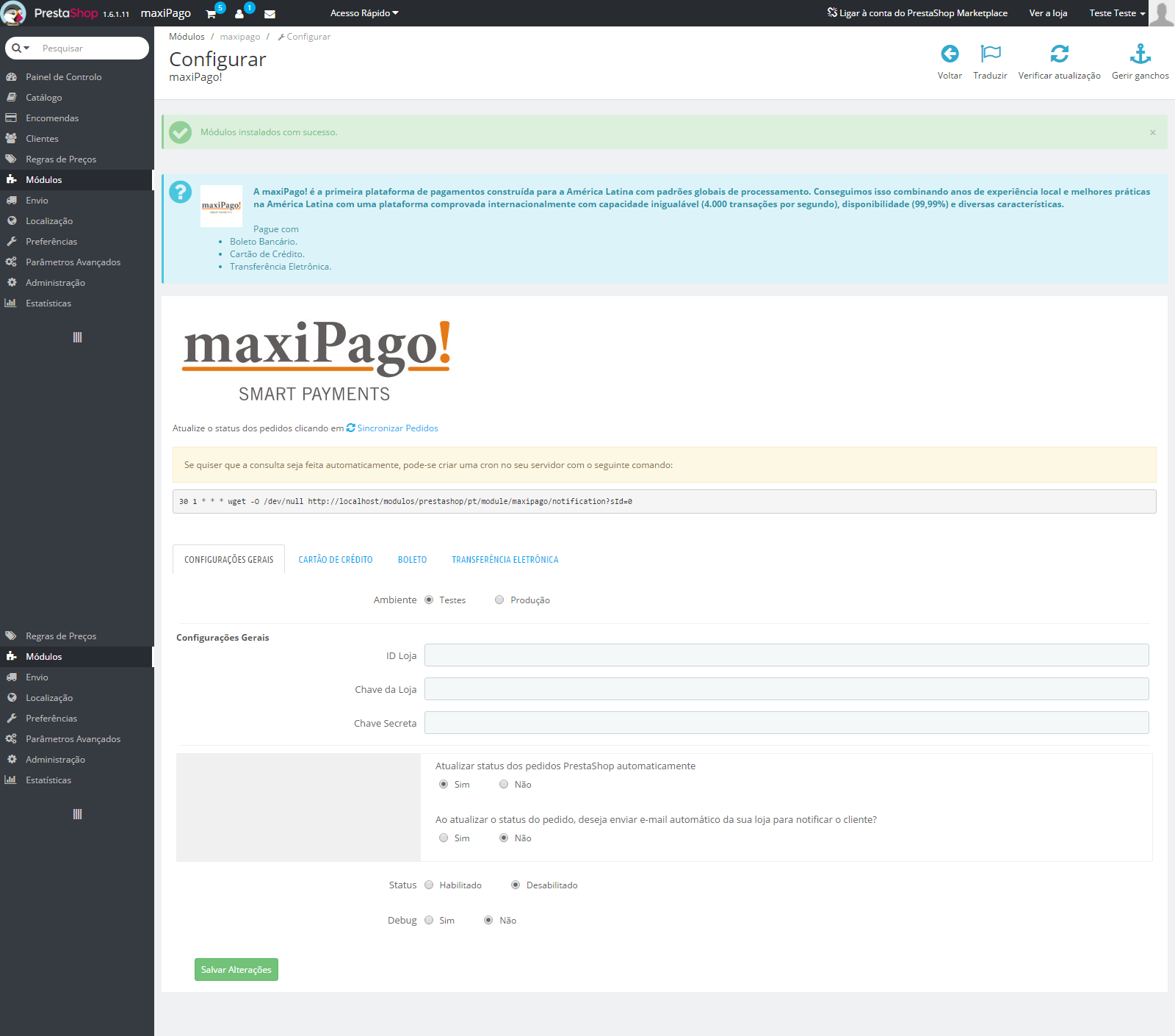 Configurações do módulo maxiPago! para Prestashop