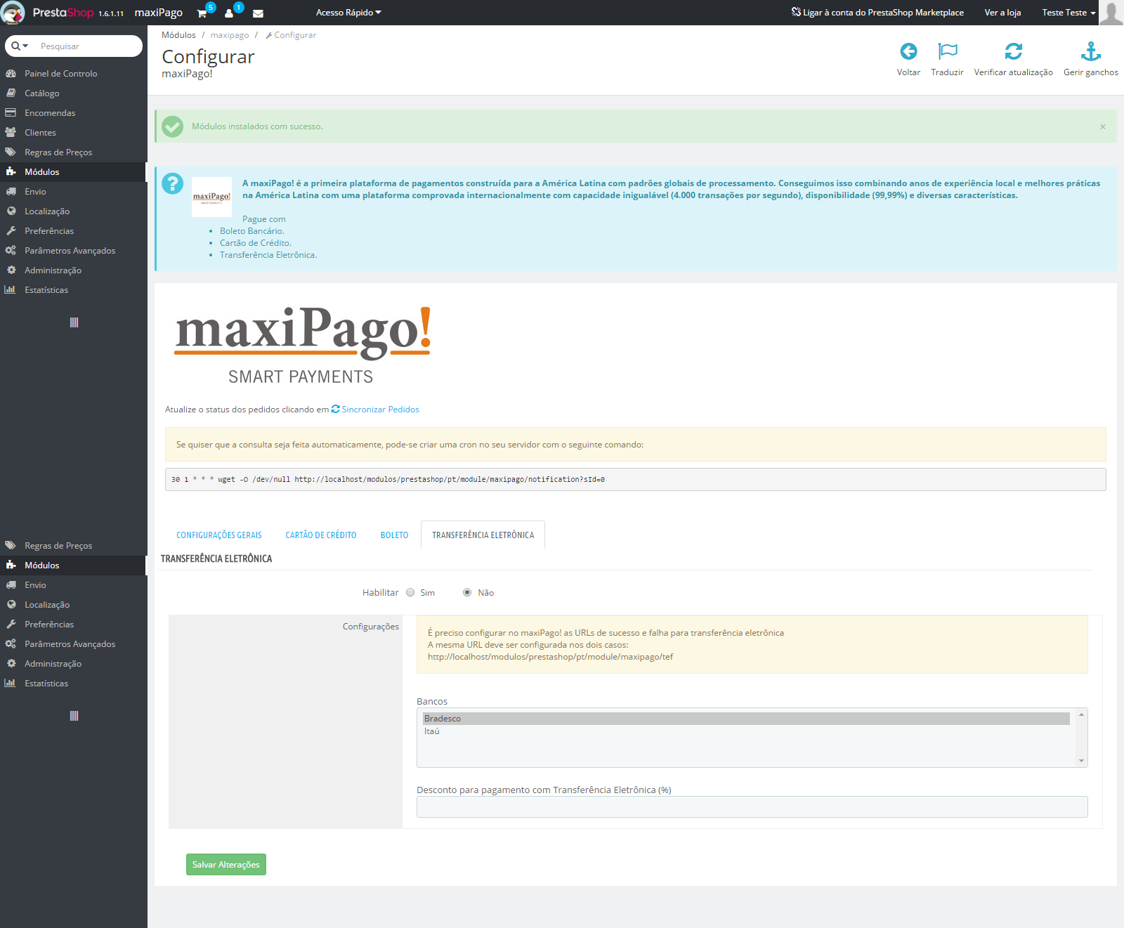 Configuração Transferência Bnacária módulo maxiPago! para Prestashop